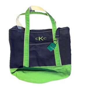 Lands End Canvas Tote Bag Large Monogramed Navy Green Photo Book Keychain Vtg